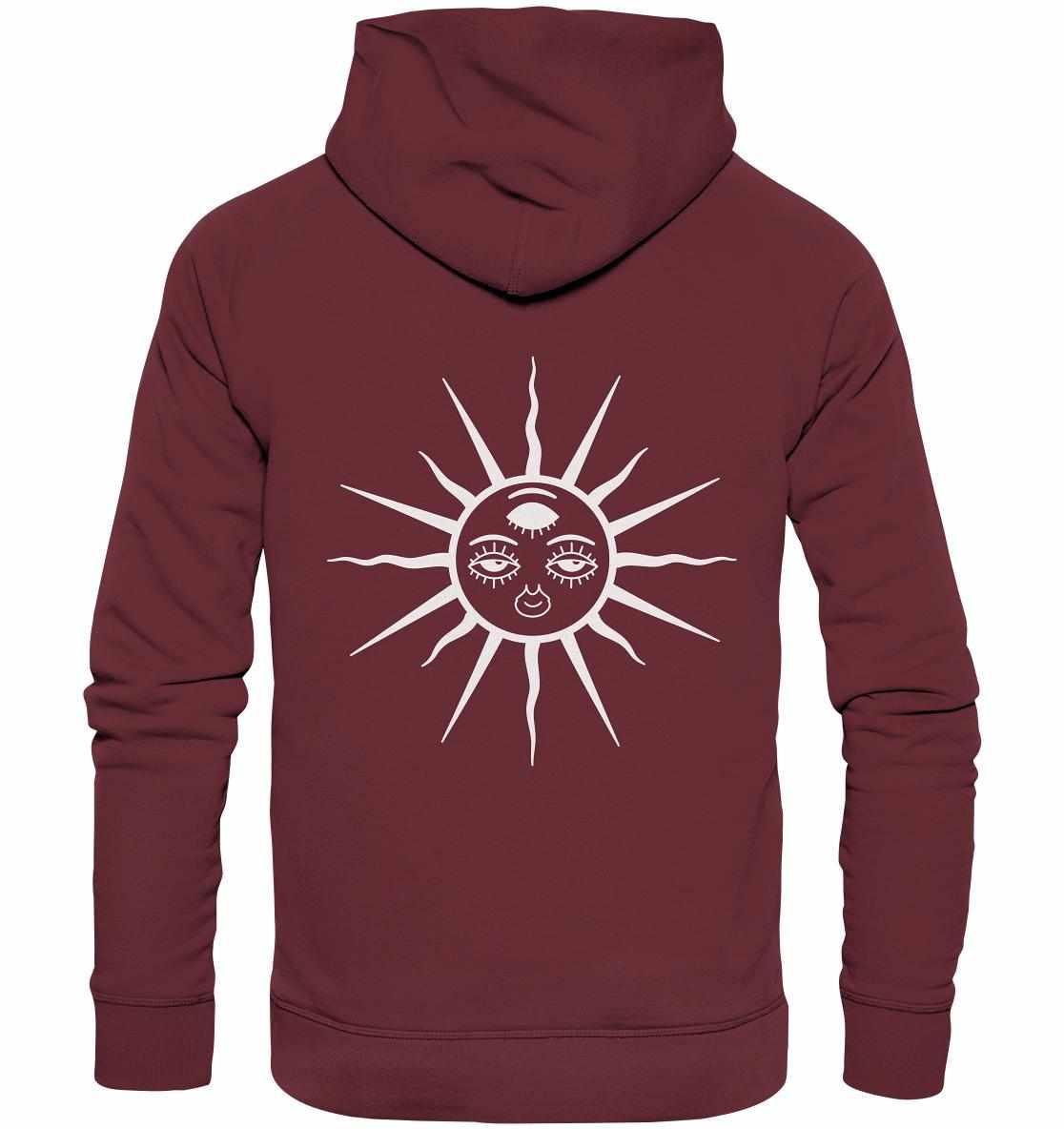 Vegan und Bio Hoodie: The Sun - Third Eye Awakening, zeigt ein ethnisches Design mit Sonnenmotiv und Augen, aus nachhaltiger Bio-Baumwolle, ideal für umweltbewusste Mode.