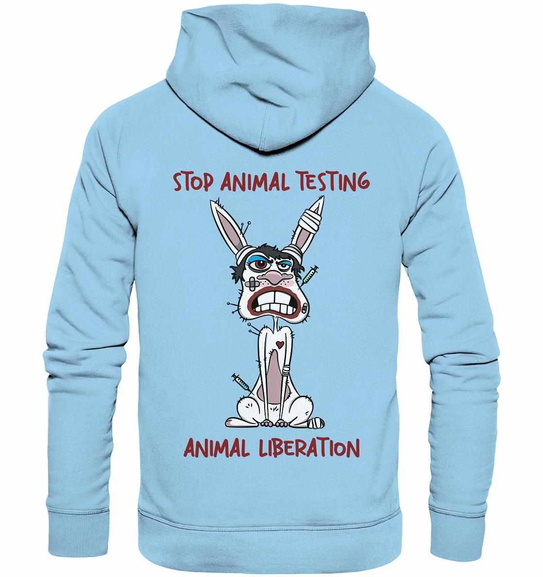 Vegan und Bio Hoodie mit Cartoon-Hase und Spritze, thematisiert Tierversuche; aus Bio-Baumwolle, umweltfreundlich produziert.