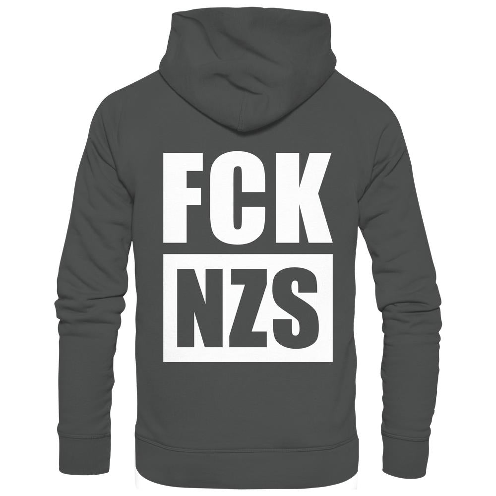 Rückansicht des Vegan und Bio Hoodie: FCK NZS mit weißem Schriftzug FCK NZS in großen Blockbuchstaben. Nachhaltiges Design von RUDE REBEL.