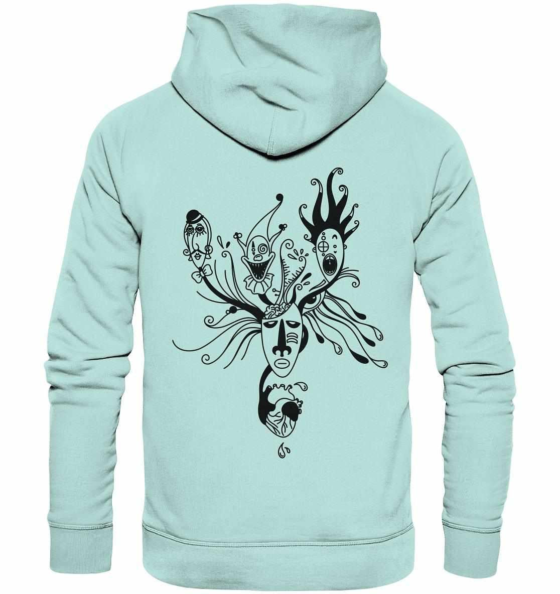 Vegan und Bio Hoodie: Mental Health - Behind the Mask, getragen von einer Person, zeigt ein minimalistisches Blackwork-Design mit Maske und Herzmotiv.