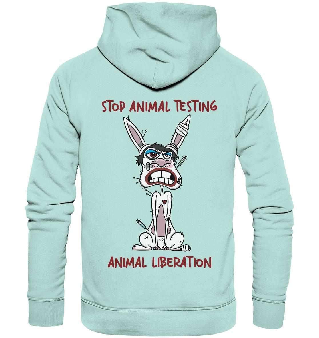 Vegan und Bio Hoodie: White rabbit - STOP ANIMAL TESTING! mit Cartoon-Hase, der Tierversuche kritisiert. Hergestellt aus Bio-Baumwolle und recyceltem Polyester.