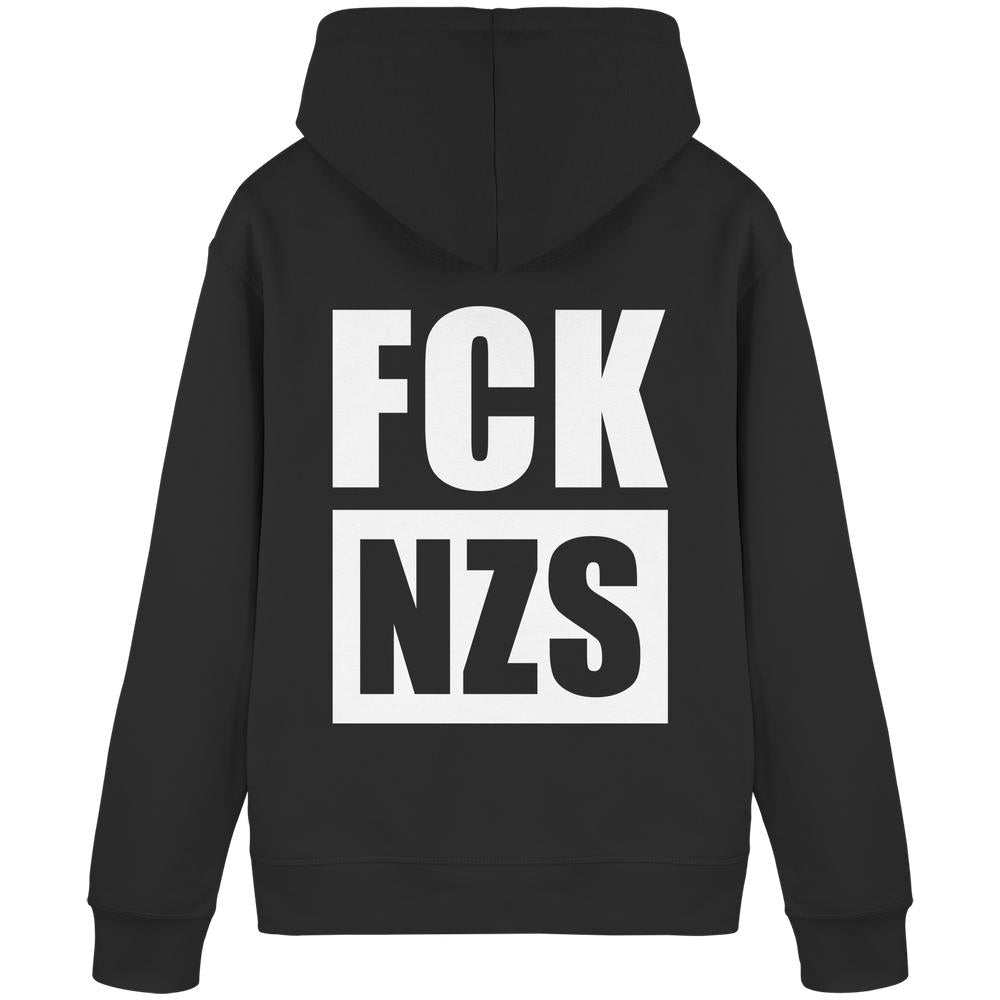 Rückansicht des Vegan und Bio Hoodie: FCK NZS mit großer weißer Grafik FCK und NZS im Rechteck. Nachhaltiger Hoodie von RUDE REBEL, normale Passform.