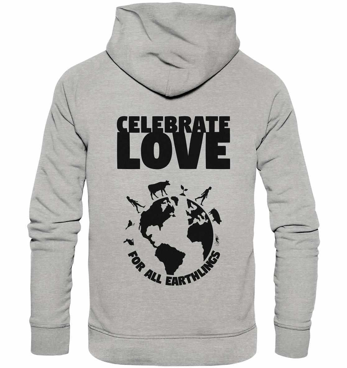 Vegan und Bio Hoodie: Celebrate Love For All Earthlings, grauer Hoodie mit Logo, symbolisiert Umweltschutz und Toleranz, hergestellt aus Bio-Baumwolle und Recyclingmaterialien.