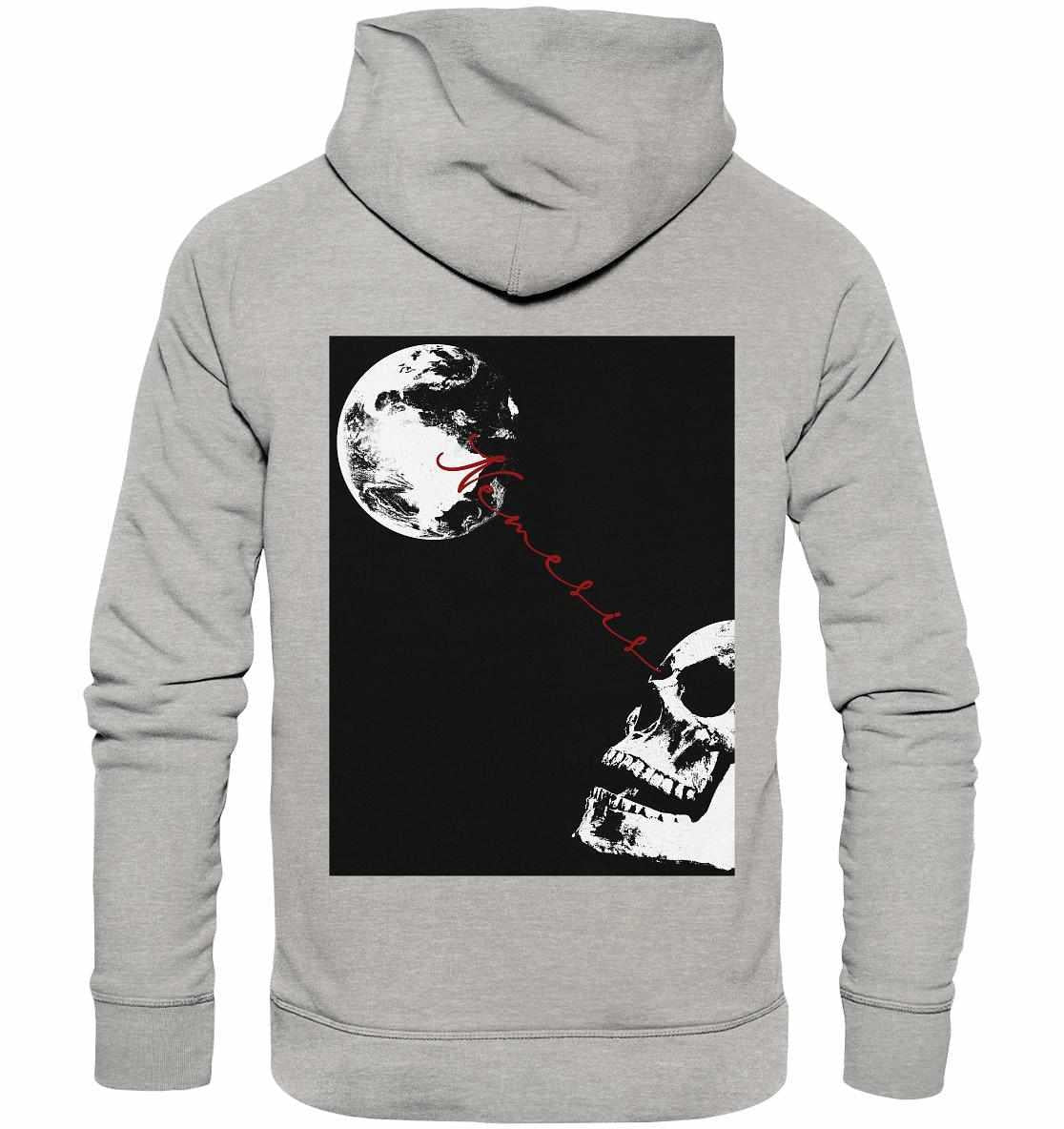 Vegan und Bio Hoodie: Nemesis - Dystopische digitale Collage mit Schädel und Mond, aus Bio-Baumwolle und recycelten Materialien, ideal für nachhaltige, düstere Mode.