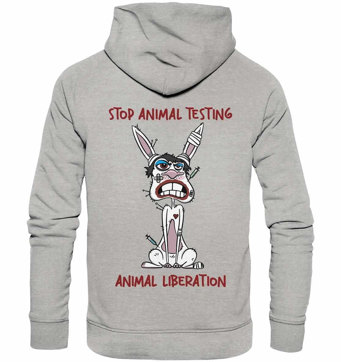 Vegan und Bio Hoodie mit Cartoon-Hase, der auf Tierversuche aufmerksam macht. Nachhaltig produziert aus Bio-Baumwolle, unterstützt Tierrechte und Umweltschutz.