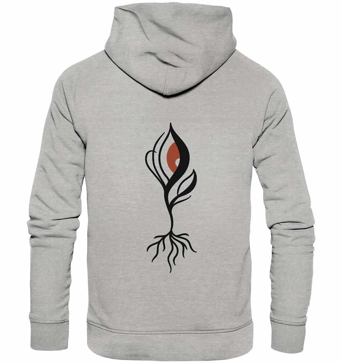 Vegan und Bio Hoodie: Minimalist bloody Eye - Plant 2, grauer Hoodie mit schwarzem und orangefarbenem Design, umweltfreundlich aus Bio-Baumwolle, Kängurutasche, Jersey-gefütterte Kapuze.
