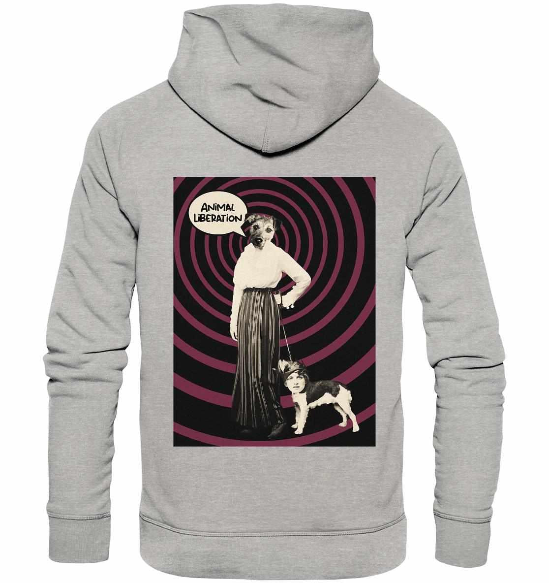 Vegan und Bio Hoodie: Upside Down - Animal Liberation mit Hund-und-Frau-Collage, nachhaltige Materialien, Popart und Vintage-Fotografie-Elemente von RUDE REBEL.