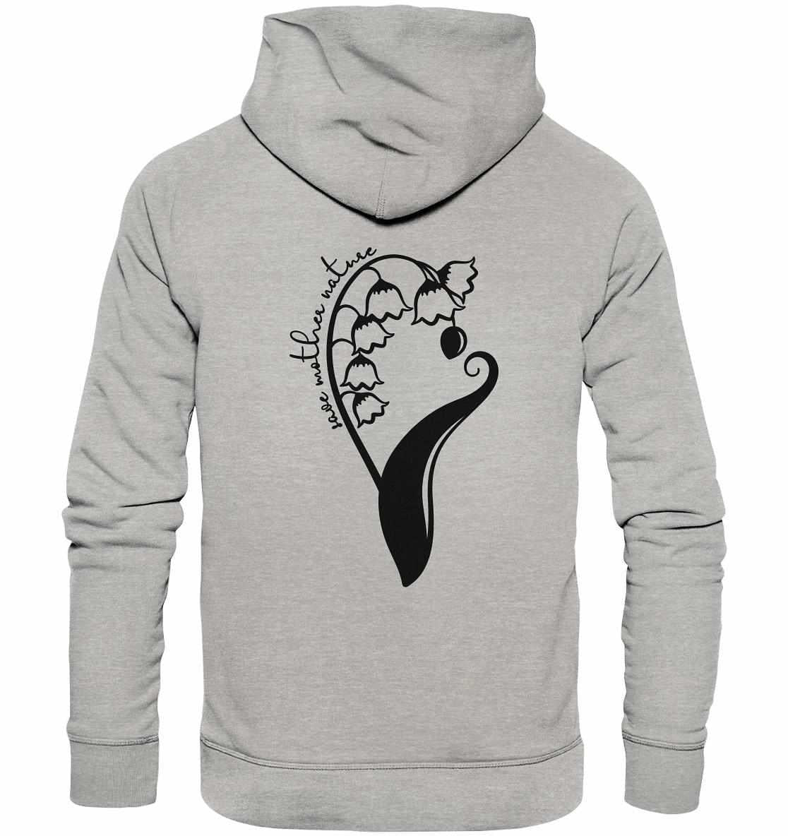 Vegan und Bio Hoodie: Save Mother Nature with Flower Power, grauer Hoodie mit schwarzem Blumenmuster-Design, umweltfreundlich aus Bio-Baumwolle hergestellt, perfekt für Naturschützer.