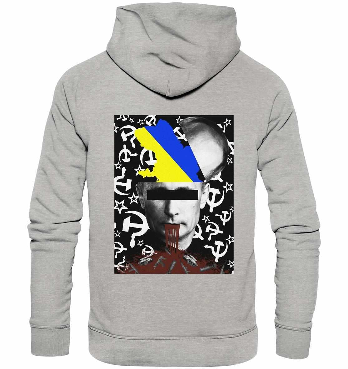 Vegan und Bio Hoodie: STOP WAR IN UKRAINE! mit digitaler Collage eines Gesichts, symbolisiert Protest gegen Kriege. Hergestellt aus Bio-Baumwolle und recyceltem Polyester.