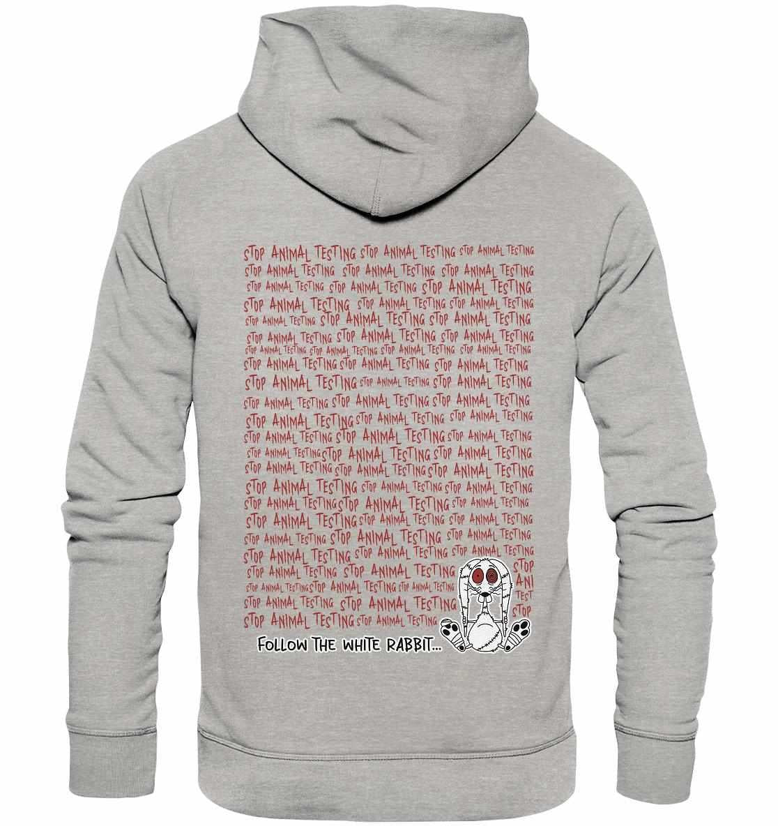 Vegan und Bio Hoodie: Follow the white rabbit, grauer Hoodie mit rotem Text und Cartoon-Kaninchenmotiv, betont Tierschutz, aus Bio-Baumwolle und recycelten Materialien.