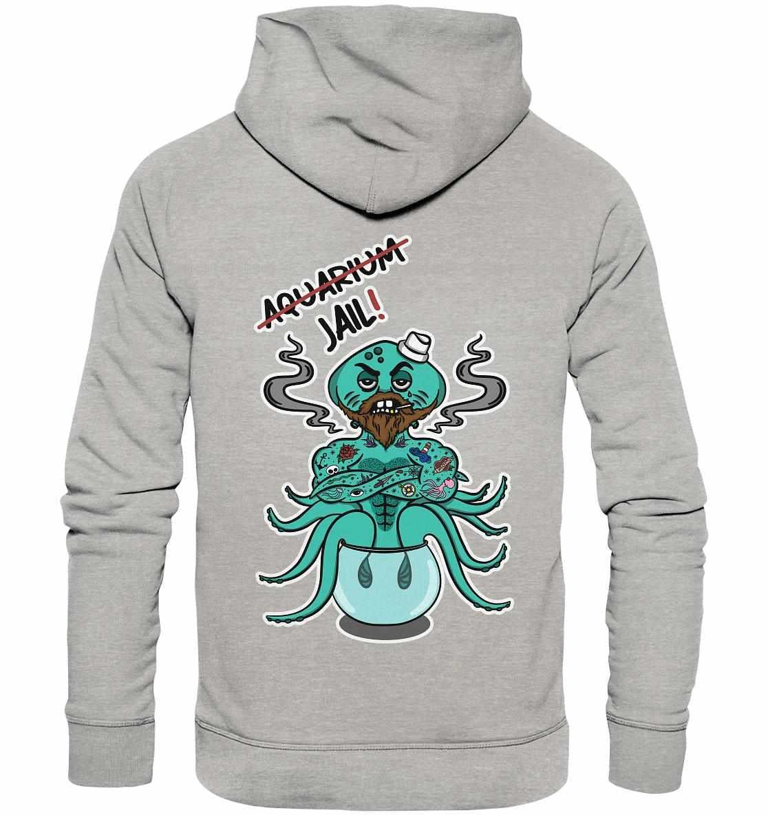 Vegan und Bio Hoodie: Animal Rights - Aquarium=Jail! Grauer Hoodie mit Cartoon-Oktopus, aus Bio-Baumwolle und Recyclingmaterialien, setzt ein Statement für Tierrechte und Umweltfreundlichkeit.