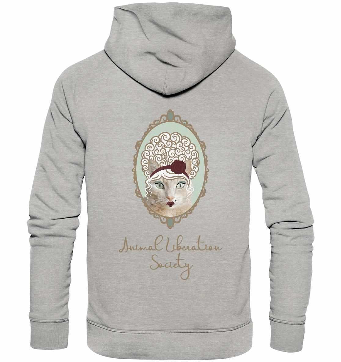 Vegan und Bio Hoodie: Miss Cat - Animal Liberation Society, grauer Hoodie mit Katzenmotiv und Rosen, aus Bio-Baumwolle und recyceltem Polyester, von RUDE REBEL.