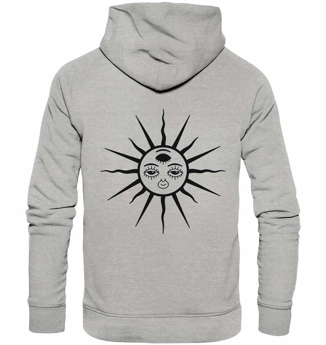 Vegan und Bio Hoodie: The Sun - Third Eye Awakening, zeigt ein Ethno-Design mit Sonne und drei Augen, aus nachhaltiger Bio-Baumwolle, ideal für umweltbewusste Mode.