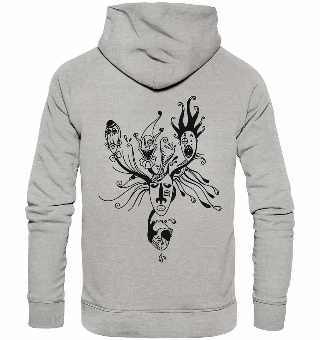 Grauer Hoodie mit schwarzer Zeichnung eines Gesichts, thematisiert mentale Gesundheit; vegan und umweltfreundlich aus Bio-Baumwolle und Recyclingmaterialien hergestellt.