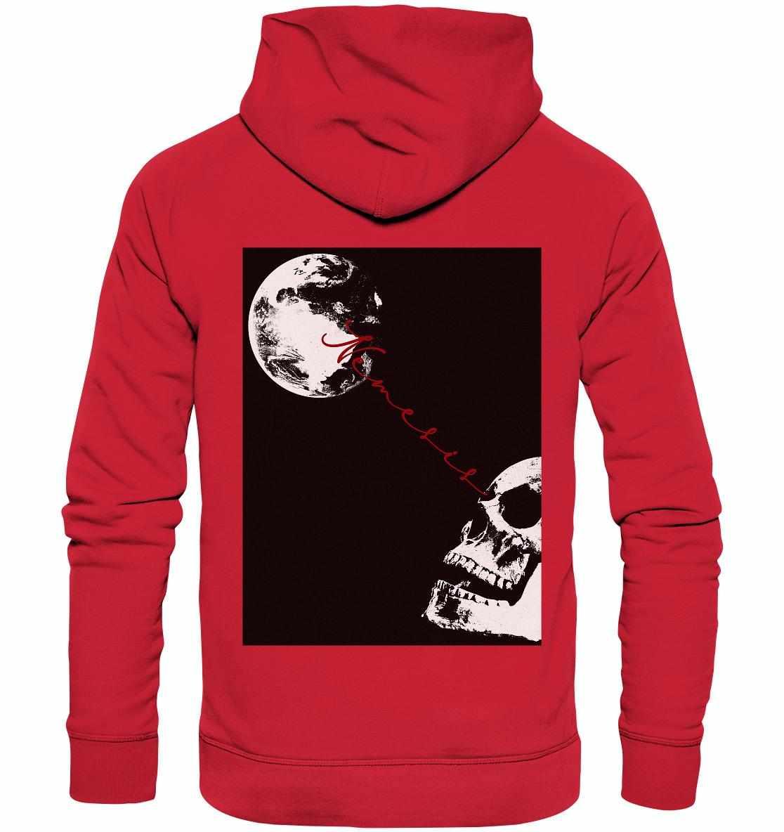 Roter Hoodie mit offenem Schädel und Mondmotiv, vegan und umweltfreundlich produziert, aus Bio-Baumwolle und recyceltem Polyester, normaler Schnitt, Kapuze mit Kordel.