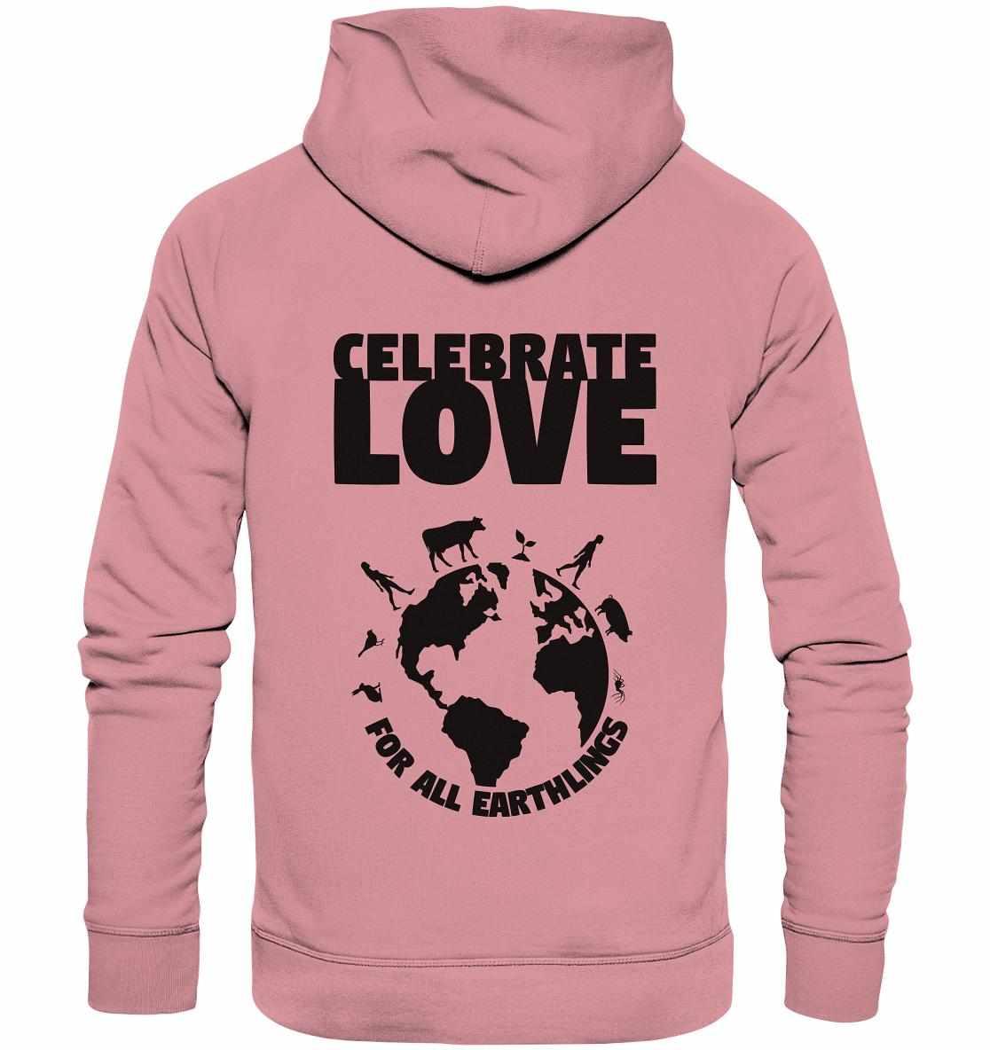 Vegan und Bio Hoodie: Celebrate Love For All Earthlings mit schwarzem Erdkugel-Design, vegan und umweltfreundlich aus Bio-Baumwolle und Recyclingmaterialien hergestellt.