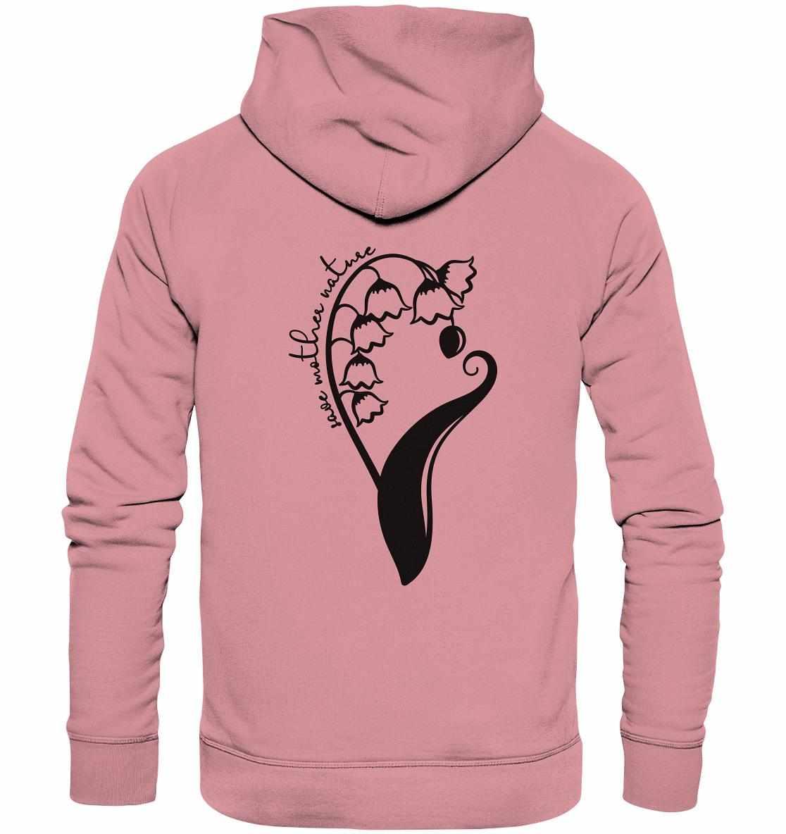 Vegan und Bio Hoodie: Save Mother Nature with Flower Power, rosa Kapuzenpullover mit schwarzem Blumenmotiv, nachhaltig produziert aus Bio-Baumwolle, ideal für Naturschützer*innen.