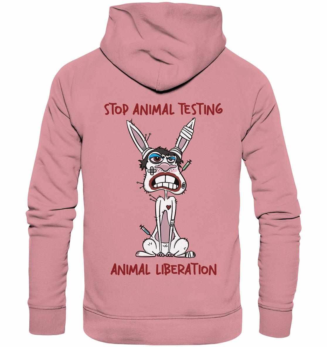 Vegan und Bio Hoodie mit Cartoon-Hase und STOP ANIMAL TESTING!-Aufdruck, aus nachhaltiger Bio-Baumwolle, thematisiert Tierschutz und Tierversuchsgegner.