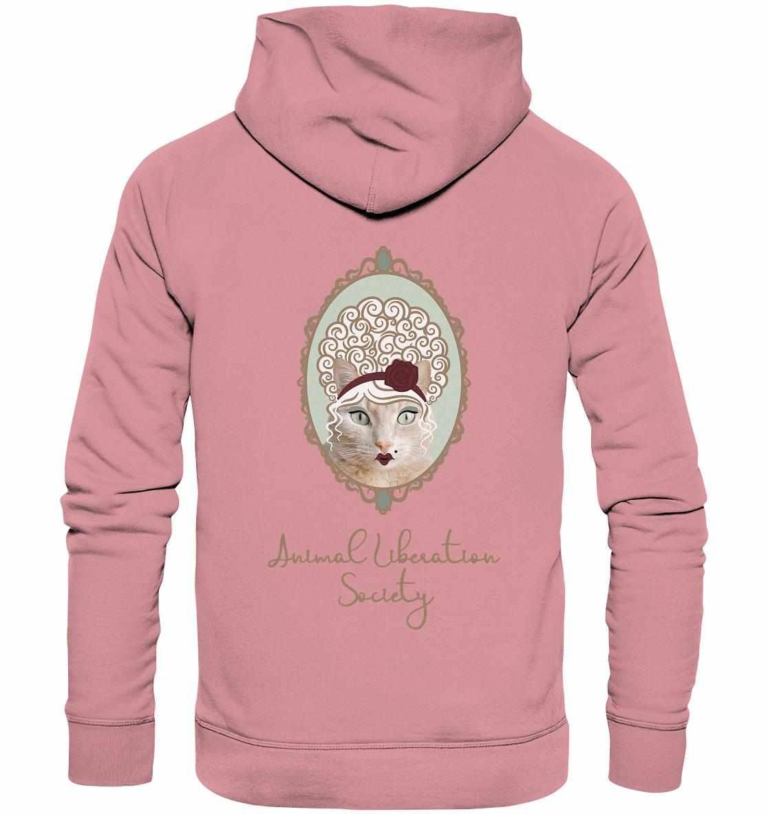 Vegan und Bio Hoodie: Miss Cat - Animal Liberation Society, zeigt ein Katzenmotiv, ideal für Tierschutz und umweltbewusste Mode. Bio-Baumwolle, recyceltes Polyester.