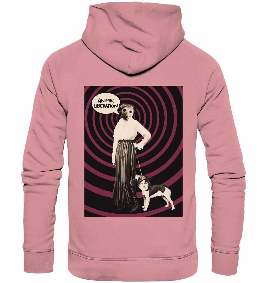 Vegan und Bio Hoodie: Upside Down - Animal Liberation, zeigt eine Frau mit Hund, hergestellt aus Bio-Baumwolle und Recyclingmaterialien, betont Tierrechte und Nachhaltigkeit.