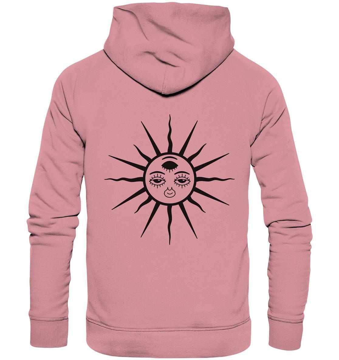 Vegan und Bio Hoodie: The Sun - Third Eye Awakening, rosa Hoodie mit aufgedrucktem Sonnenmotiv und drei Augen, aus Bio-Baumwolle, ideal für nachhaltige Mode.