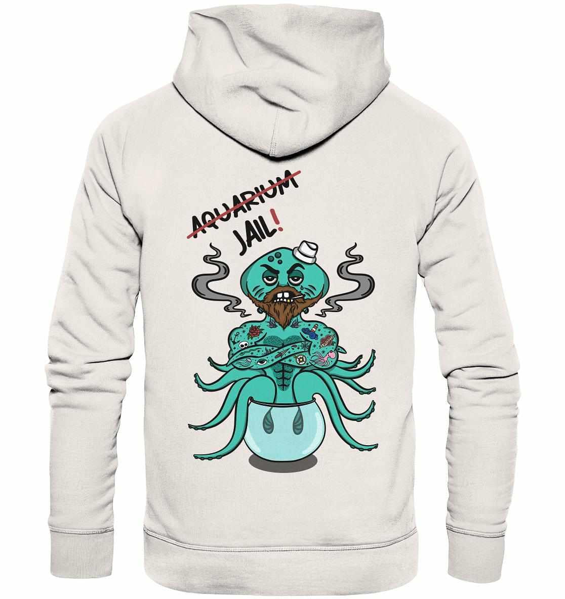 Vegan und Bio Hoodie: Animal Rights - Aquarium=Jail! mit Cartoon-Oktopus, aus nachhaltigen Materialien, normaler Schnitt, Kängurutasche, Kapuze mit Jersey-Futter.