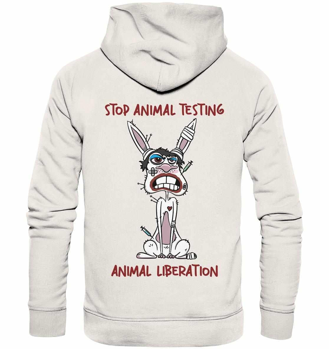 Vegan und Bio Hoodie mit Cartoon-Hase und Stop Animal Testing-Botschaft, aus Bio-Baumwolle, symbolisiert Tierschutz und Nachhaltigkeit von RUDE REBEL.