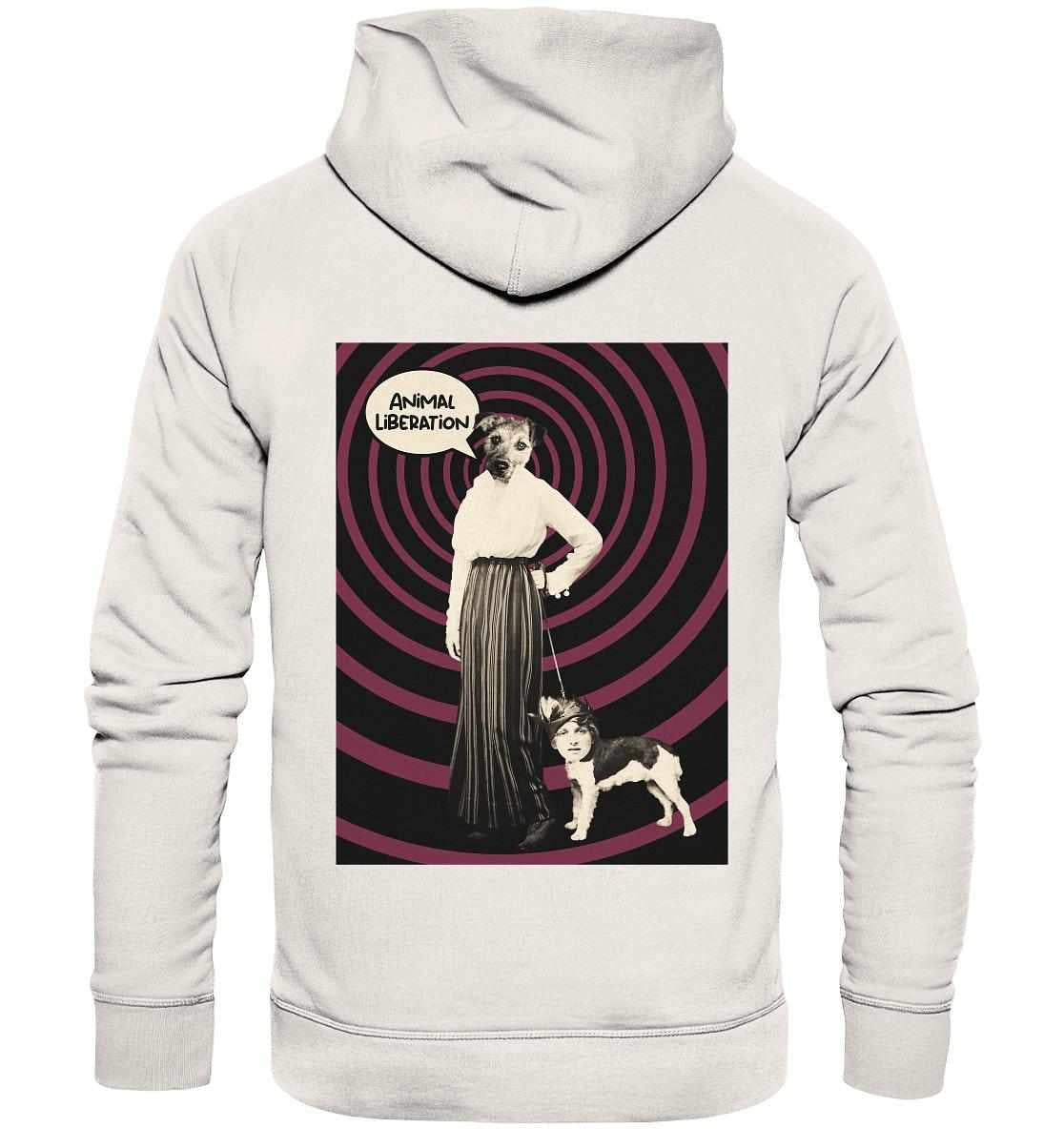 Vegan und Bio Hoodie: Upside Down - Animal Liberation, zeigt digitale Collage mit Frau und Hund, inspiriert von Popart und Vintage-Fotografie, aus nachhaltigen Materialien gefertigt.
