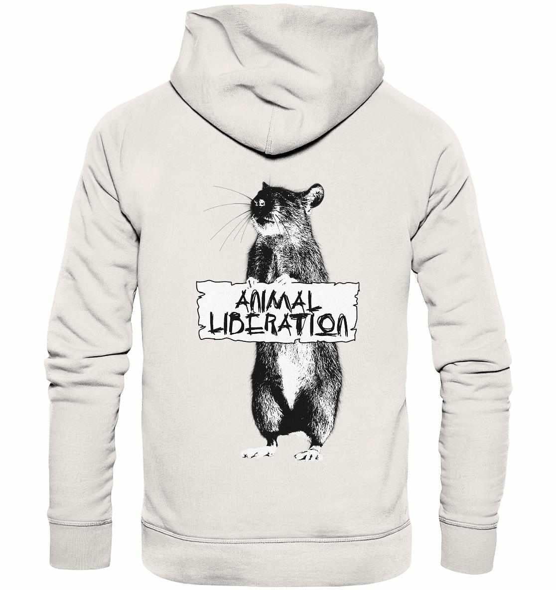 Person trägt den Vegan und Bio Hoodie: Rat for Animal Liberation mit Katzenmotiv, inspiriert von Banksy's Street Art, aus Bio-Baumwolle für Tierschutz.