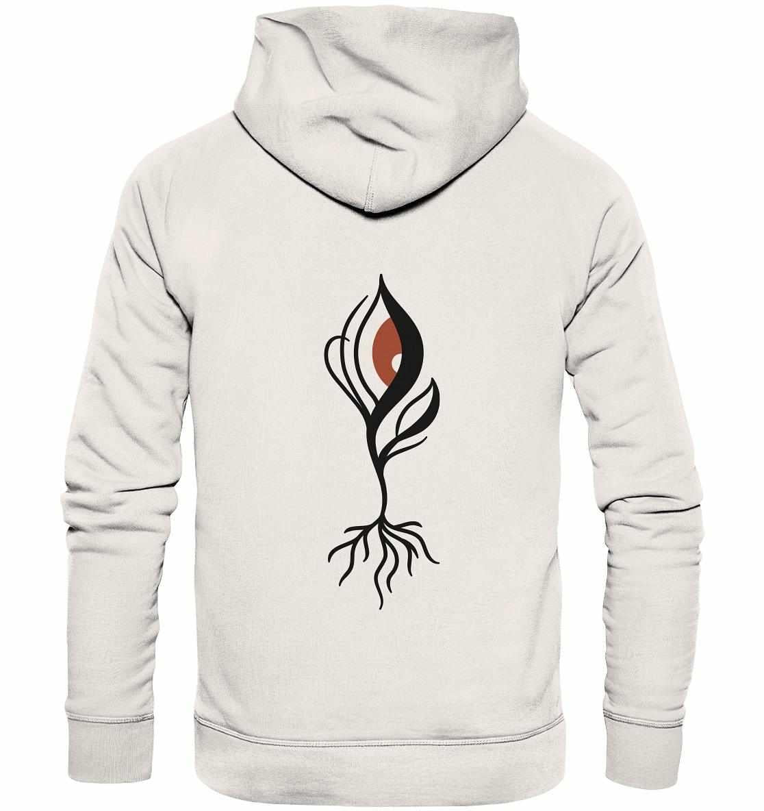 Person trägt den Vegan und Bio Hoodie: Minimalist bloody Eye - Plant 2 mit schwarzem und orangem Design, Kapuze und Kängurutasche, aus umweltfreundlicher Bio-Baumwolle.