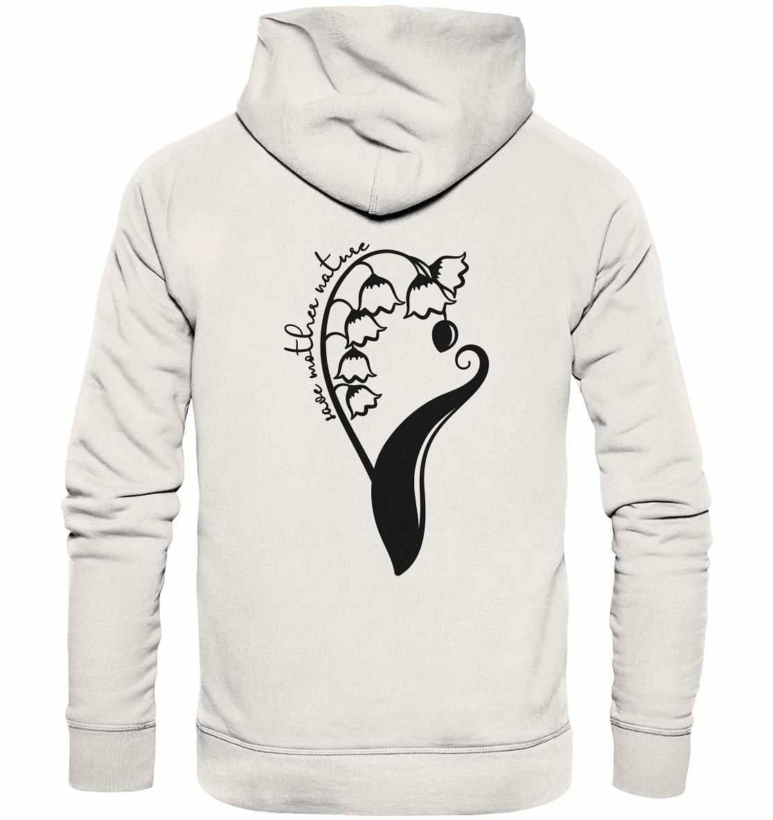 Person trägt weißen Hoodie mit schwarzem Blumenmotiv. Vegan und umweltfreundlich, ideal für NaturschützerInnen. Produkt: Vegan und Bio Hoodie: Save Mother Nature with Flower Power.