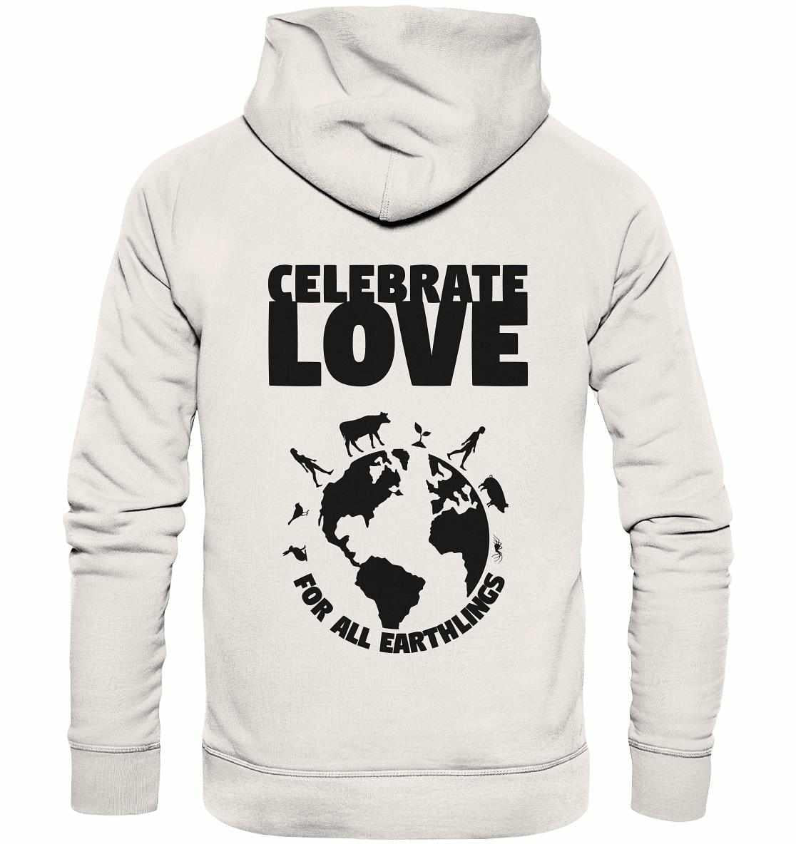 Vegan und Bio Hoodie: Celebrate Love For All Earthlings, weiß, mit schwarzem Text und Logo, aus Bio-Baumwolle und recycelten Materialien, symbolisiert Vielfalt und Gleichheit.