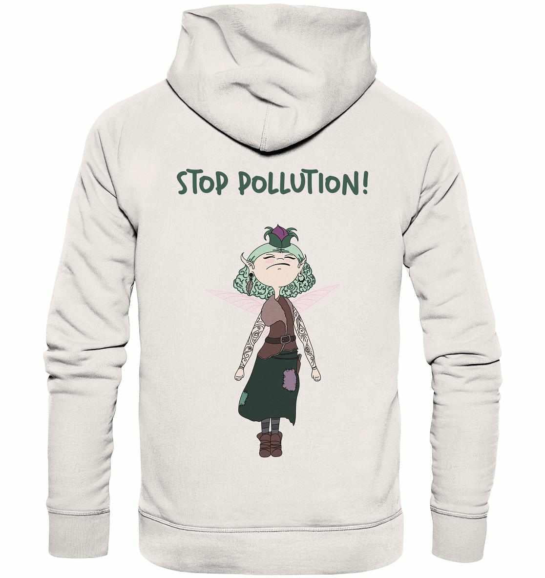 Vegan und Bio Hoodie: STOP POLLUTION! - Krawall Fee mit Cartoon-Figur, grünem Haar und Tattoos, umweltfreundlich produziert aus Bio-Baumwolle und Recyclingmaterialien.