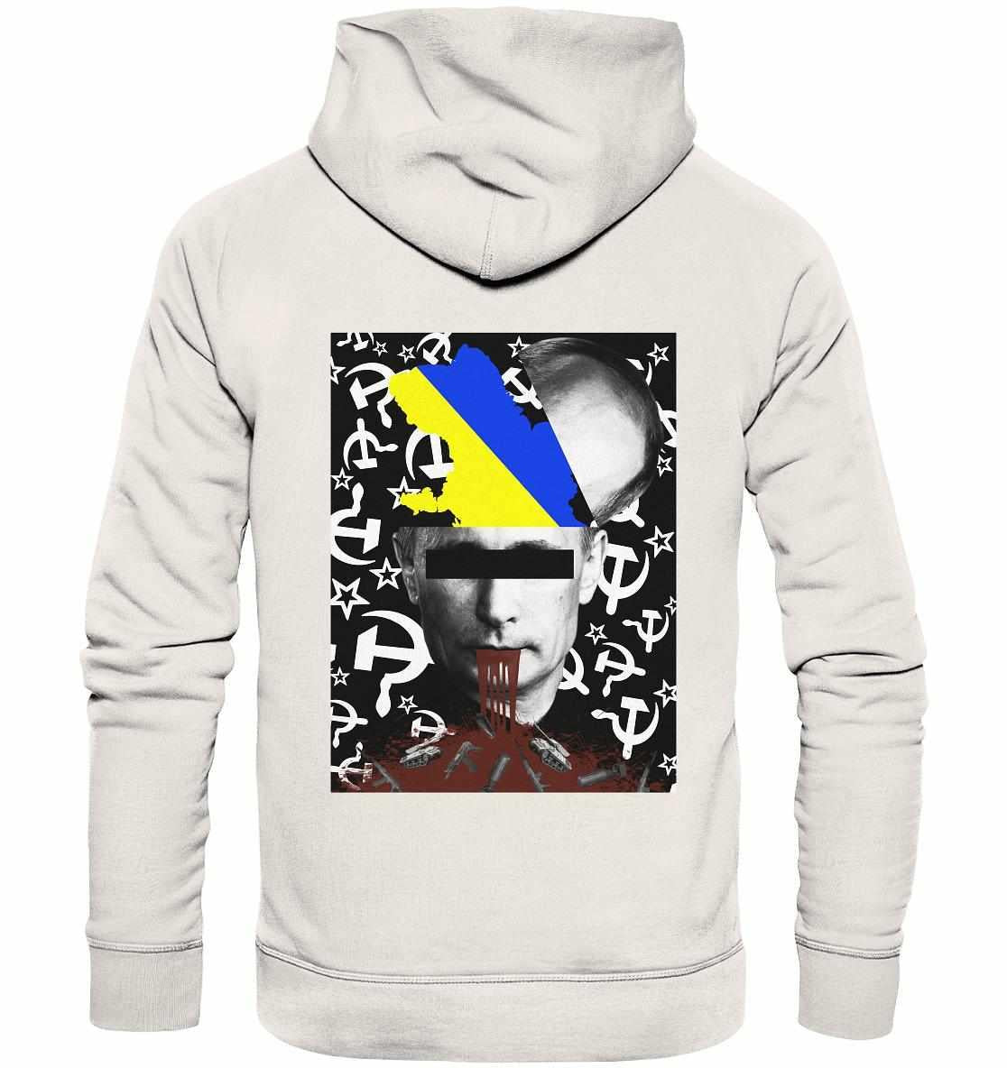 Vegan und Bio Hoodie: STOP WAR IN UKRAINE! Weißer Hoodie mit Gesicht und blutiger Darstellung, symbolisiert Protest gegen Krieg. Hergestellt aus Bio-Baumwolle, umweltfreundlich.
