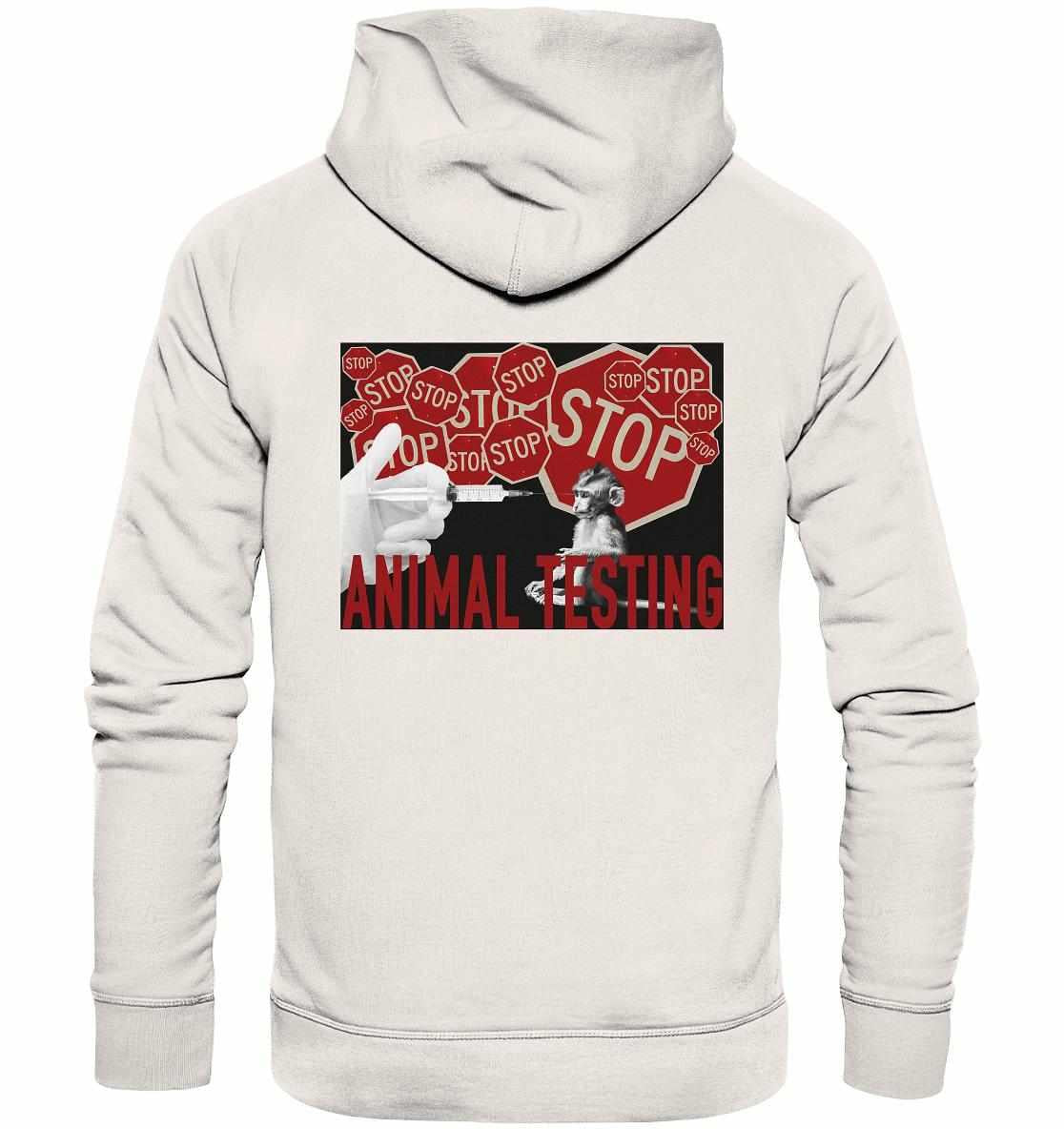 Vegan und Bio Hoodie: STOP ANIMAL TESTING! mit Stoppschild und Affenmotiv, aus nachhaltiger Bio-Baumwolle, rebellisches Design gegen Tierversuche.