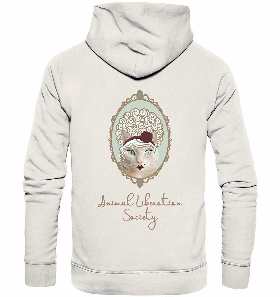Vegan und Bio Hoodie: Miss Cat - Animal Liberation Society, weißer Hoodie mit Katzenmotiv und roter Blume, nachhaltig aus Bio-Baumwolle und recyceltem Polyester.