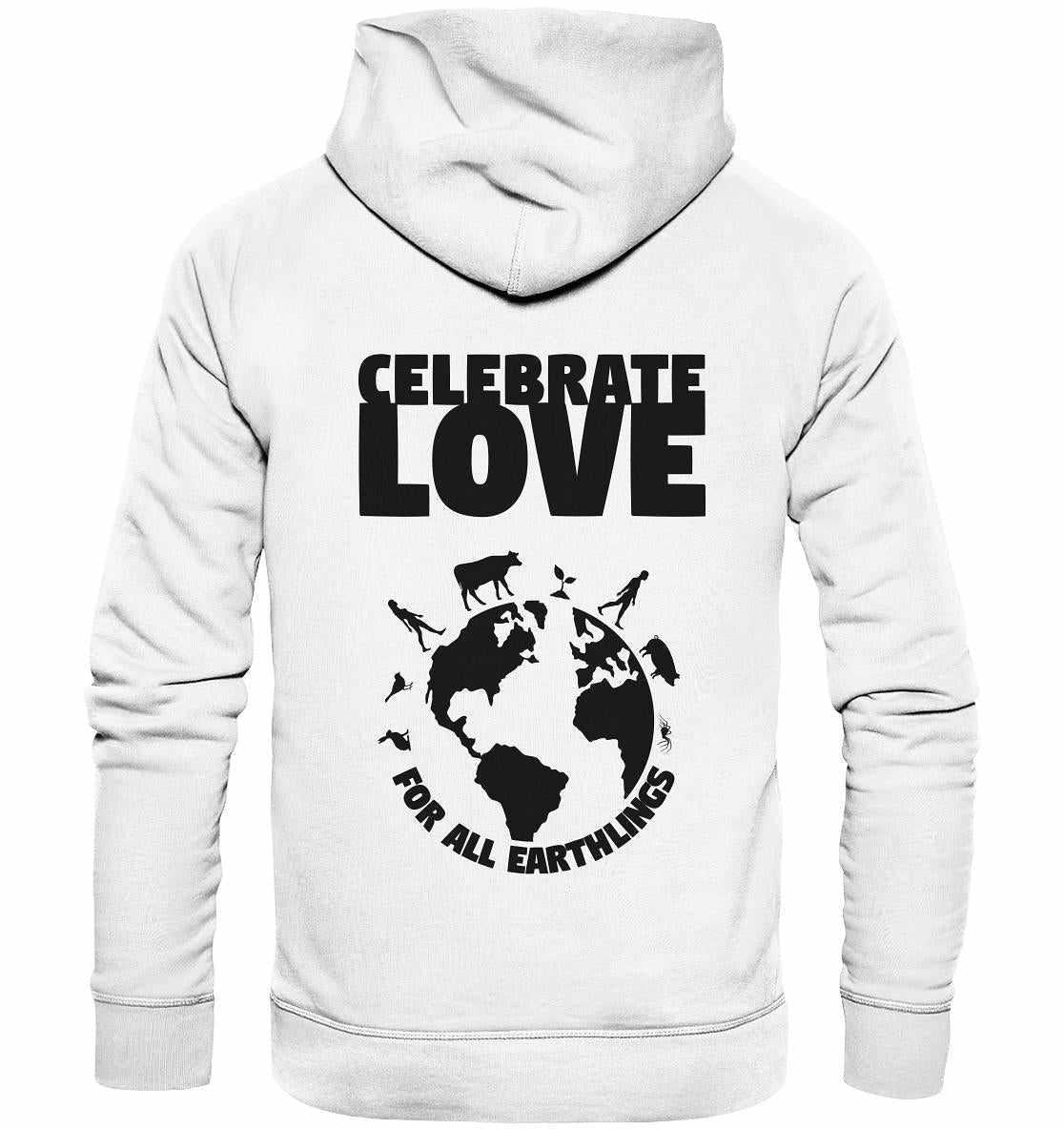 Vegan und Bio Hoodie: Celebrate Love For All Earthlings, mit schwarzem Logo und Tiermotiv auf weißem Hintergrund, aus nachhaltiger Bio-Baumwolle und Recyclingmaterialien.