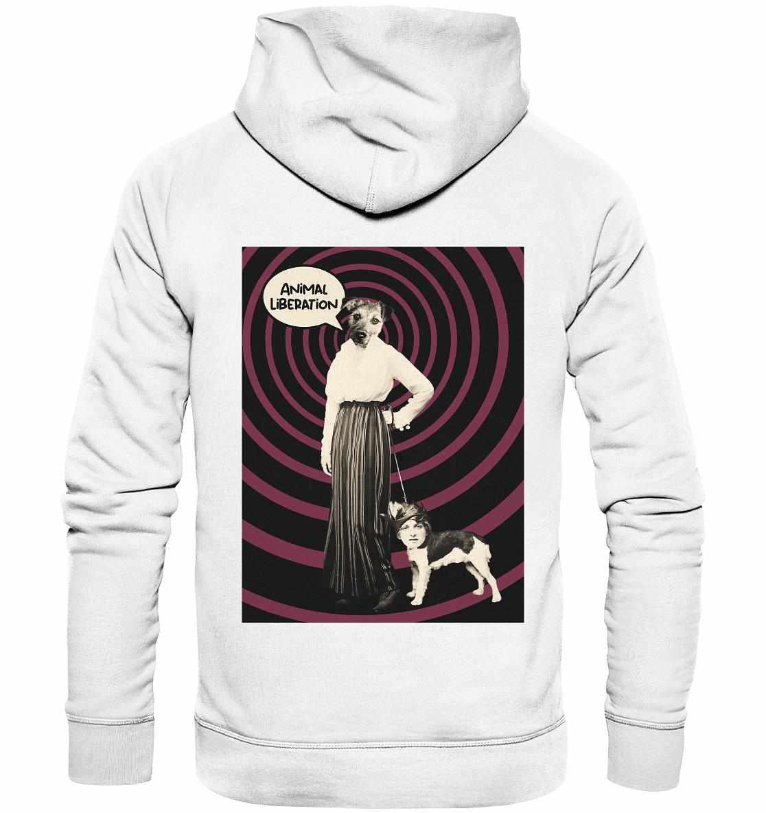 Vegan und Bio Hoodie mit digitaler Collage einer Frau und Hund, hergestellt aus nachhaltigen Materialien. Design thematisiert Tierrechte und Freiheit, von RUDE REBEL.