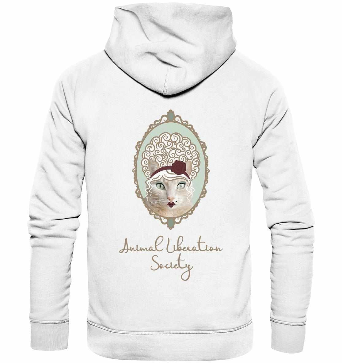 Vegan und Bio Hoodie: Miss Cat - Animal Liberation Society mit Katzengesicht und Rosenmotiv, aus Bio-Baumwolle und recyceltem Polyester, normaler Schnitt, Kapuze, Kängurutasche.