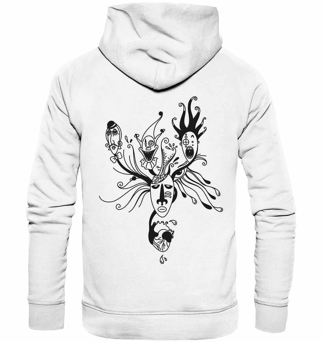 Person trägt weißen Hoodie mit schwarzem Design, das mehrere Gesichter zeigt. Produkt: Vegan und Bio Hoodie: Mental Health - Behind the Mask... von RUDE REBEL.