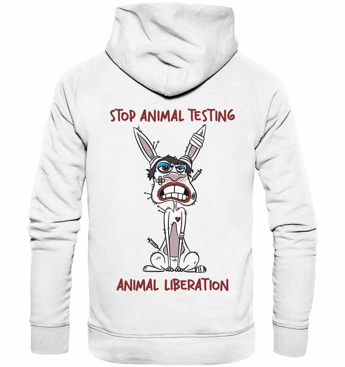 Vegan und Bio Hoodie mit Cartoon-Häschen und STOP ANIMAL TESTING Aufdruck, betont Tierrechte. Nachhaltig aus Bio-Baumwolle, von RUDE REBEL.