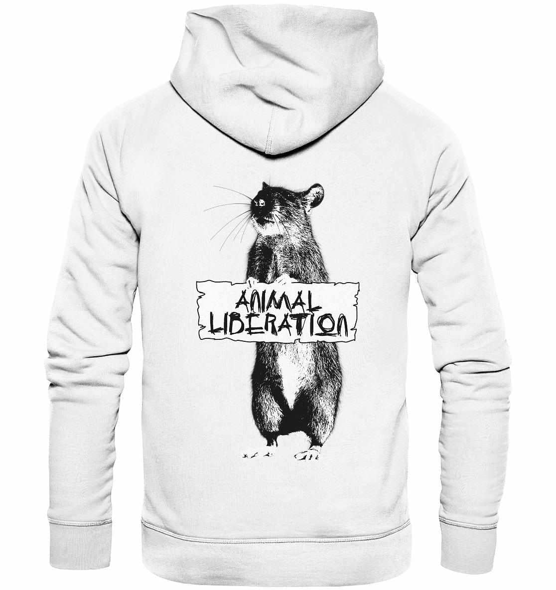 Person trägt den Vegan und Bio Hoodie: Rat for Animal Liberation mit Katzenmotiv, inspiriert von Banksy, aus Bio-Baumwolle, symbolisiert Tierschutz und Gleichberechtigung.