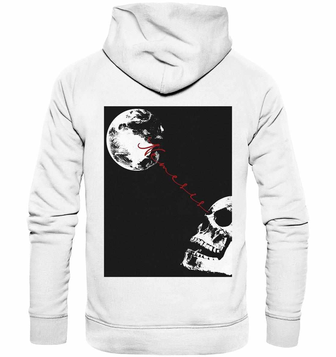 Vegan und Bio Hoodie: Nemesis - Dystopische digitale Collage, zeigt einen Schädel und Mond, aus Bio-Baumwolle und recycelten Materialien, rebellisches Design von RUDE REBEL.