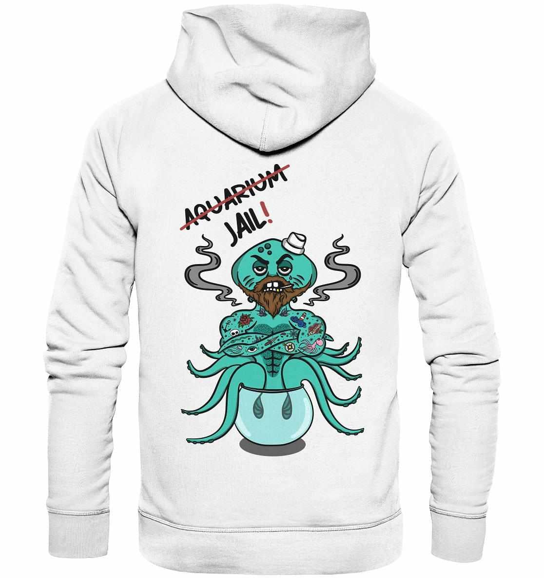 Vegan und Bio Hoodie: Animal Rights - Aquarium=Jail! mit Cartoon-Oktopus, aus Bio-Baumwolle und Recyclingmaterialien, setzt ein Statement für Tierrechte und Umweltschutz.