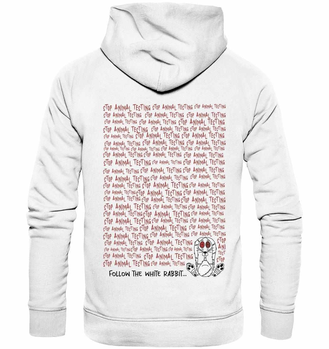 Vegan und Bio Hoodie: Follow the white rabbit and stop animal testing!, weiß mit rotem Text und Cartoon-Hase, aus Bio-Baumwolle und recyceltem Polyester, von RUDE REBEL.