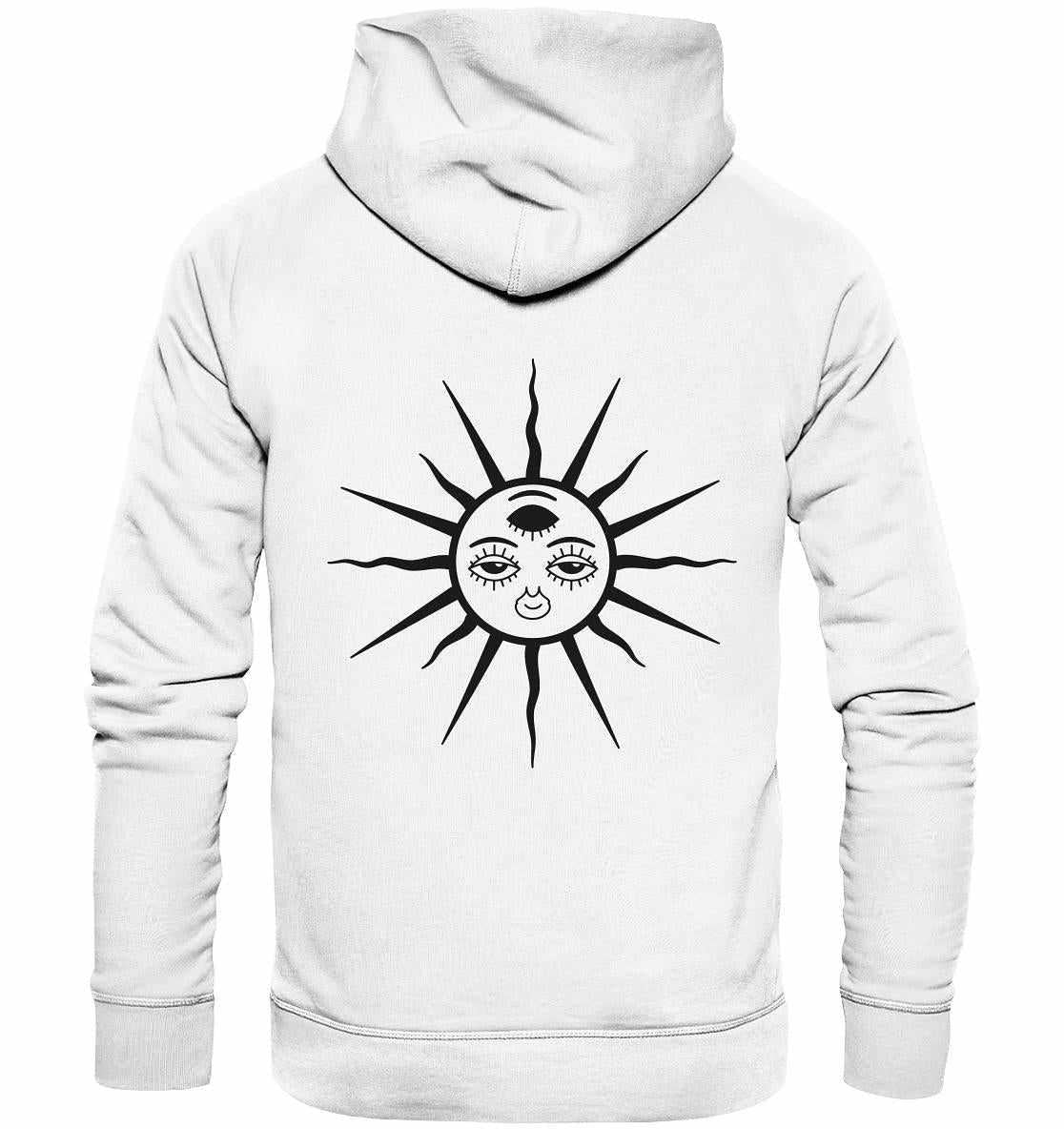 Vegan und Bio Hoodie: The Sun - Third Eye Awakening, zeigt ein Ethno-Design mit Sonne und drei Augen, aus nachhaltiger Bio-Baumwolle, ideal für alternative Events.