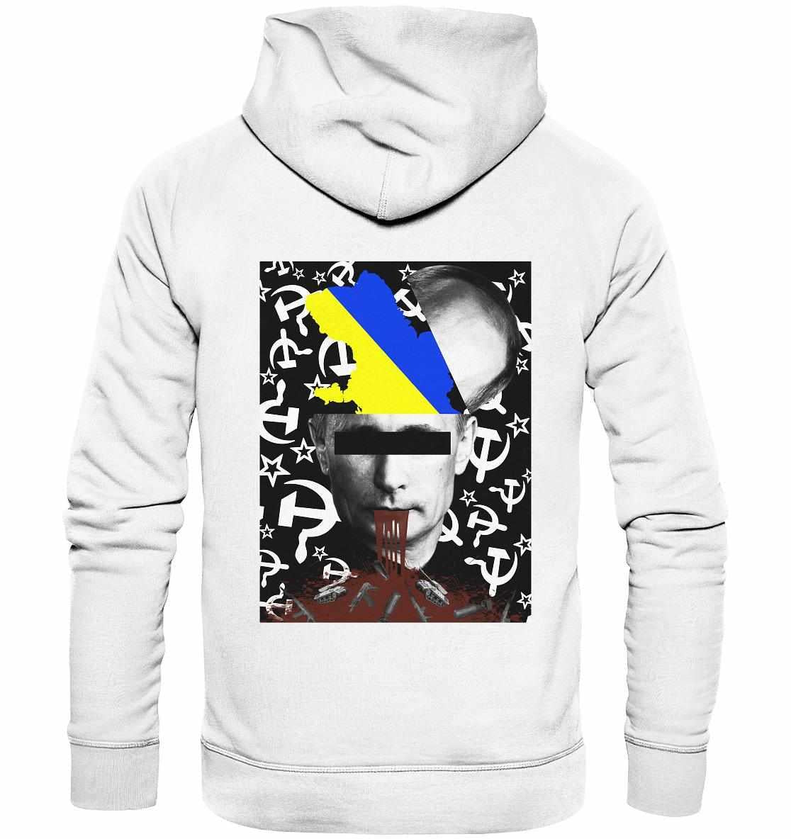 Vegan und Bio Hoodie: STOP WAR IN UKRAINE! mit digitaler Collage eines Mannes, symbolisiert Protest gegen Krieg. Nachhaltig aus Bio-Baumwolle und recyceltem Polyester hergestellt.