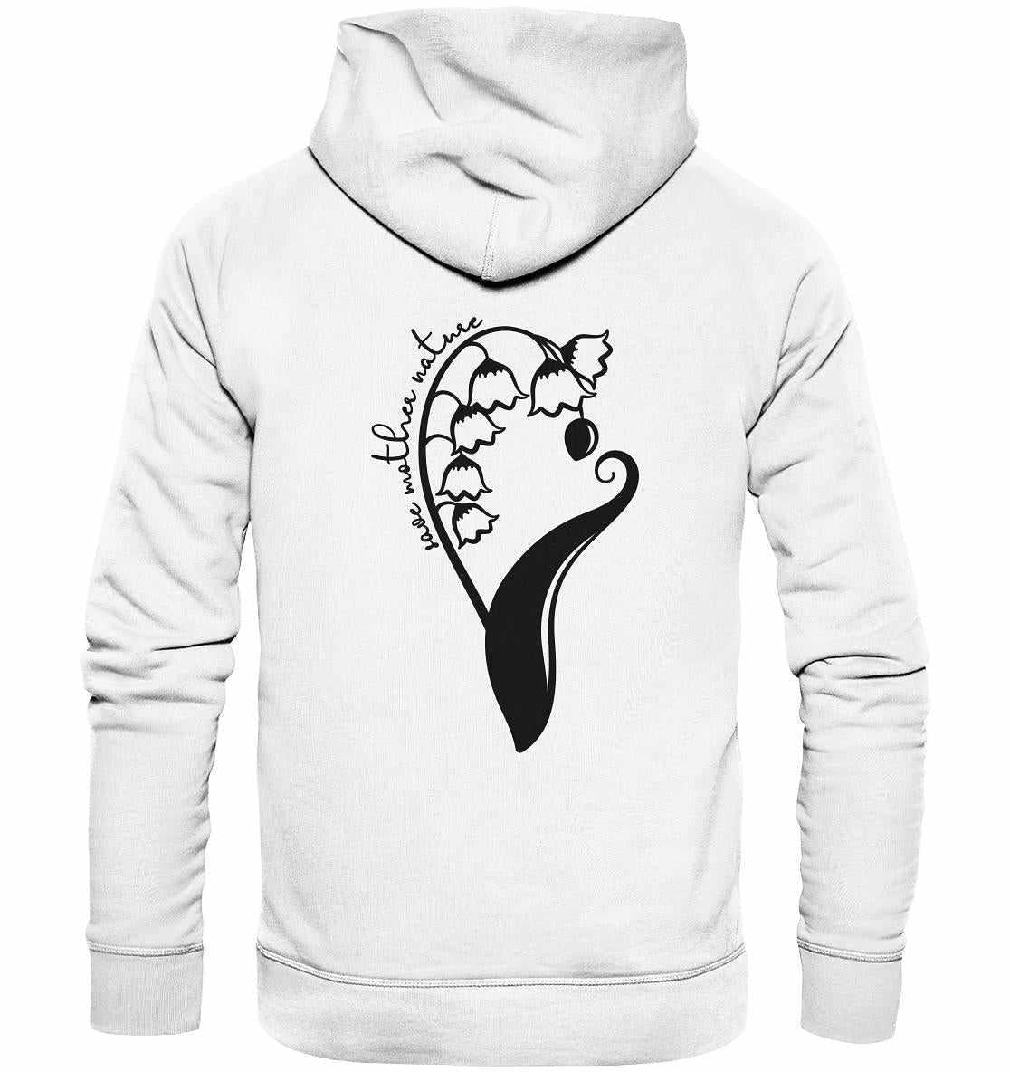 Vegan und Bio Hoodie mit minimalistischen Blumenmotiv, getragen von einer Person. Perfekt für Naturschützer, aus umweltfreundlicher Bio-Baumwolle gefertigt.