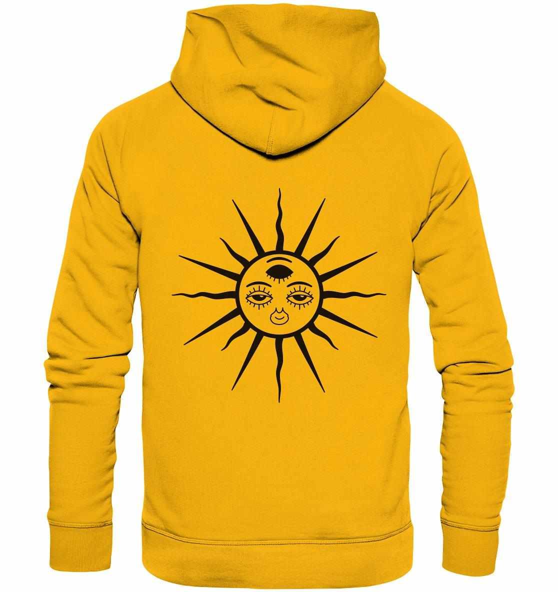 Vegan und Bio Hoodie: The Sun - Third Eye Awakening, gelber Hoodie mit Ethno-Sonnenmotiv, Bio-Baumwolle, Kapuze, Kängurutasche, ideal für nachhaltigen Stil und Goa-Raves.