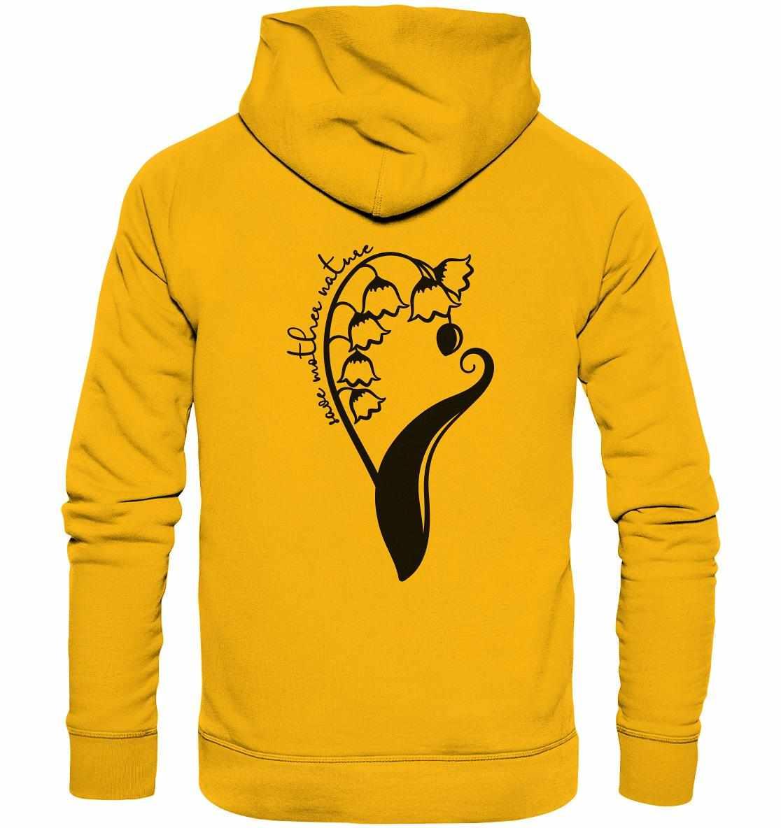 Vegan und Bio Hoodie: Save Mother Nature with Flower Power, gelber Hoodie mit schwarzem Design, minimalistisch, aus Bio-Baumwolle, perfekt für Naturschützer.